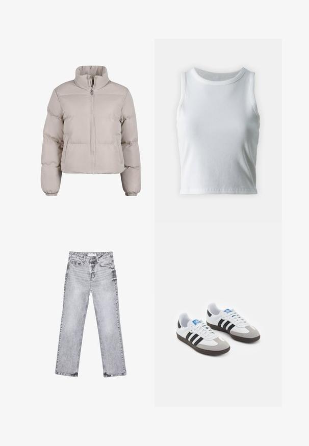 Jasno beżowa kurtka puchowa z wysokim kołnierzem, pełnym zapięciem na zamek błyskawiczny i elastycznymi mankietami. Posiada przeszywane sekcje zapewniające izolację.; Biała, prążkowana koszulka na ramiączkach z okrągłym dekoltem i bez rękawów, z prostym dołem i gładką, elastyczną teksturą.; Szare dżinsy o prostym kroju nogawki, z przetarciami, pięcioma kieszeniami i miedzianymi nitami. Pasek w talii posiada metkę z logo.; Buty sportowe z białą skórzaną cholewką, szarym zamszowym noskiem i trzema czarnymi paskami. Posiadają niebieskie logo na języku oraz teksturowaną gumową podeszwę.