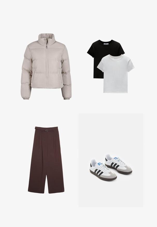 Lys beige pufferjakke med høj krave, fuld frontlynlås og elastiske manchetter. Har syede sektioner til isolering.; To crew-neck t-shirts i sort og hvid, lavet af bomuld. De har korte ærmer og et ensfarvet design uden mønstre eller accenter.; Stradivarius WIDE-LEG WITH BUCKLE DETAIL - Bukser - dark brown; Sportsko med en overdel i hvid læder, grå ruskind på tåen og tre sorte striber. Har et blåt logo på tungen og en struktureret gummisål.