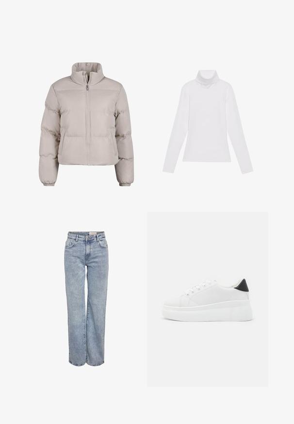 Gaiši beidž krāsas puffermētis ar augstu apkakli, pilnu priekšējo rāvējslēdzēju un elastīgām aprocēm. Iezīmēti šuvju posmi siltumnoturībai.; Balts garie piedurknēm turtlenecks krekls, izgatavots no gludas, elastīgas auduma. Iezīmē augstu apkakli un pielāgotu dizainu, bez redzamām rakstainām vai rotājumiem.; Gaiši zili platlapu džinsi, izgatavoti no denima, ar augstu jostasvietu, piecu kabatu dizainu un vieglu nolietojuma efektu.; Baltas platforma kedas, izgatavotas no gludas sintētiskas vielas, ar noapaļotu purngalu, saites dizainu un teksturētu gumijas zoli. Melna papēža akcenta detaļa.