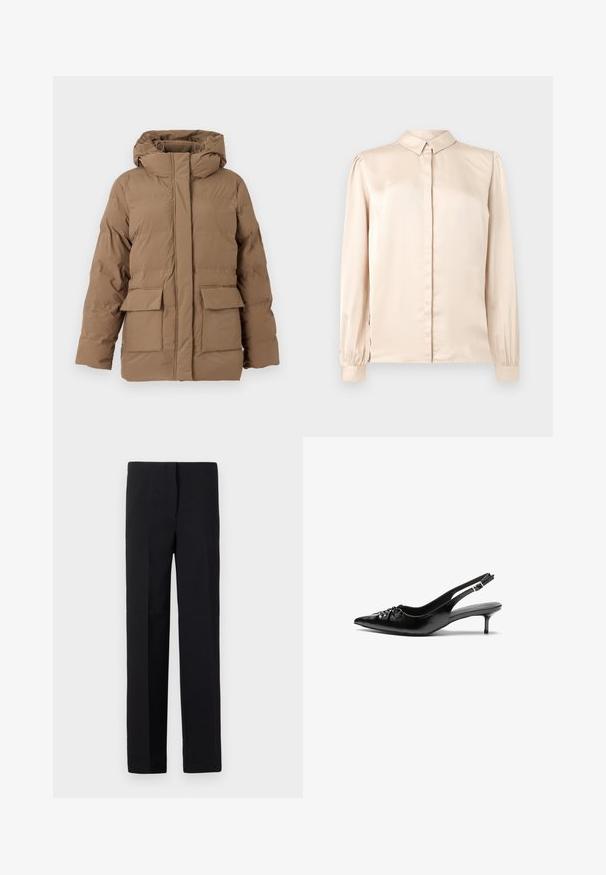 Rjava obložena jakna s kapuco, ki ima sprednji zadrgo, dva sprednja žepa in teksturiran videz tkanine. Oblikovana za toploto in udobje.; Bež svilen srajca z dolgimi rokavi, z ovratnikom na gumb, sprednjim zaklopom in nabranimi napihnjenimi rokavi na manšetah. Gladka, sijoča tekstura.; Črni prilagojeni hlače z ravnim krojem, ki imajo gladko teksturo in brez vidnih vzorcev. Standardni pas in čist zaključek.; Črne usnjene slingback pete z izostrenim nosom, majhno mačje peto in okrasno vozličasto podrobnostjo na sprednjem delu. Gladka tekstura po celotni površini.