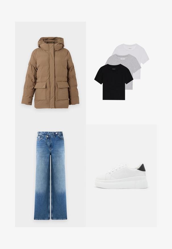 Brūns pildīts jaka ar kapuci, ar priekšējo rāvējslēdzēju, divām priekšējām kabatām un teksturētu auduma apdari. Izstrādāta siltumam un komfortam.; Trīs īsām piedurknēm T-krekli melnā, pelēkā un baltā krāsā. Izgatavoti no kokvilnas, ar apaļu kakla izgriezumu un vienkāršu, viendabīgu krāsas dizainu.; Gaiši zili platā stila džinsi ar izbalējušu mazgāšanu, ar klasisku piecu kabatu dizainu un metāla pogu akcentiem jostasvietā.; Baltas platforma kedas, izgatavotas no gludas sintētiskas vielas, ar noapaļotu purngalu, saites dizainu un teksturētu gumijas zoli. Melna papēža akcenta detaļa.