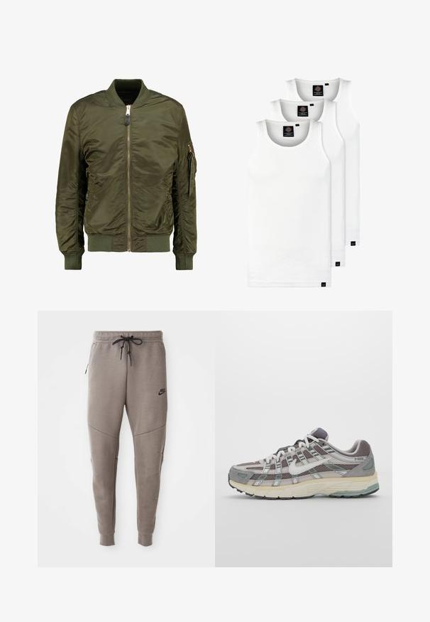 Olivgrön bomberjacka i polyester, dragkedjeslutning fram, ribbade ärmslut och nederkant, sidofickor och en ficka med dragkedja på ärmen.; Tre vita ribbade linnen i bomull. Har rund halsringning och små svarta etiketter vid fållen. Finns i flera storlekar.; Grå Nike sweatpants med dragsko i midjan, avsmalnande ben, sidofickor och tydlig sömdekoration. Mjuk, strukturerad tyg.; Grå atletiska sko med en överdel av mesh och mocka, vita accenter, en vadderad sula och en unik design med reflekterande element.