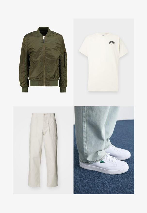 Olivno zelena bomberska jakna, iz poliestrskega materiala, z zadrgo spredaj, rebrastimi manšetami in robom, stranskimi žepi ter žepom z zadrgo na rokavu.; Kremasta bombažna majica s kratkimi rokavi, z natisnjenim napisom "NIKE SB" v črni in rdeči barvi na prsih. Standardni okrogli izrez.; Svetlo bež široke hlače iz bombaža. Imajo sprednje žepe in gumbasto zapiranje. Gladka tekstura z subtilnimi navpičnimi črtami.; Bela usnjena športna obutev z zelenim Nike logotipom, okrogla konica, ravna podplat, v kombinaciji z svetlo modrimi kavbojkami, prikazana na modrem preprogu.