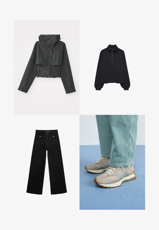Černá zkrácená bunda s kapucí, zdobená texturovaným geometrickým vzorem, s dlouhými rukávy a bočními kapsami na zip. Vyrobena z lehkého materiálu.; Černý rolák s polo zipem vpředu, přes oversized rukávy a jemnou texturou. Má žebrovaný límec a lem. Minimalistický design.; Černé široké džíny s vysokým pasem, obsahující dvě přední kapsy a kovové knoflíkové detaily. Látka má hladkou texturu.; Šedé tenisky se semišovými a síťovanými panely, bílé tkaničky a texturovaná podešev. Kombinované s kalhotami s modrozelenými pruhy. Modrý texturovaný pozadí.