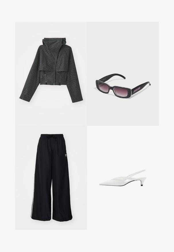 Black cropped jacket with a hood, featuring a textured geometric pattern, long sleeves, and zippered side pockets. Made from a lightweight material.; Cream-colored cotton T-shirt with short sleeves. Features a blue graphic "Soft-e" logo and illustration, labeled “100% SOFT.”; Black wide-leg pants made from lightweight fabric. Features an elastic waistband with drawstring and white side stripes. Brand logo on hip.; White slingback heel with pointed toe, featuring a smooth upper, subtle cutouts, and a low block heel. Black sole accentuates design.; Sunglasses featuring a black checkered design, square frames, gradient tinted lenses, and purple branding detail on one arm.