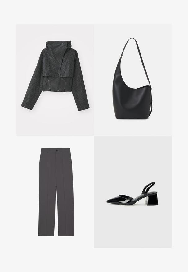 Črna skrajšana jakna s kapuco, ki ima teksturiran geometrijski vzorec, dolge rokave in zadrgo na stranskih žepih. Narejena iz lahkega materiala.; Črna bombažna majica s kratkimi rokavi, ki ima majhen roza metuljček na levi strani prsnega dela. Majica s krožnim ovratnikom in sproščenim krojem.; Sive hlače s ravnim krojem, ki imajo dve stranski žep in gumbasto zapiranje. Gladek material brez vidnih vzorcev ali poudarkov.; Črne lakirane slingback pete s koničastim nosom in geometrijsko blokasto peto. Imajo eleganten, minimalističen dizajn in gladko teksturo.; Črna usnjena hobo torba z gladko teksturo, ukrivljeno obliko in eno nastavljivo naramnico; ima širok odprtina na vrhu.