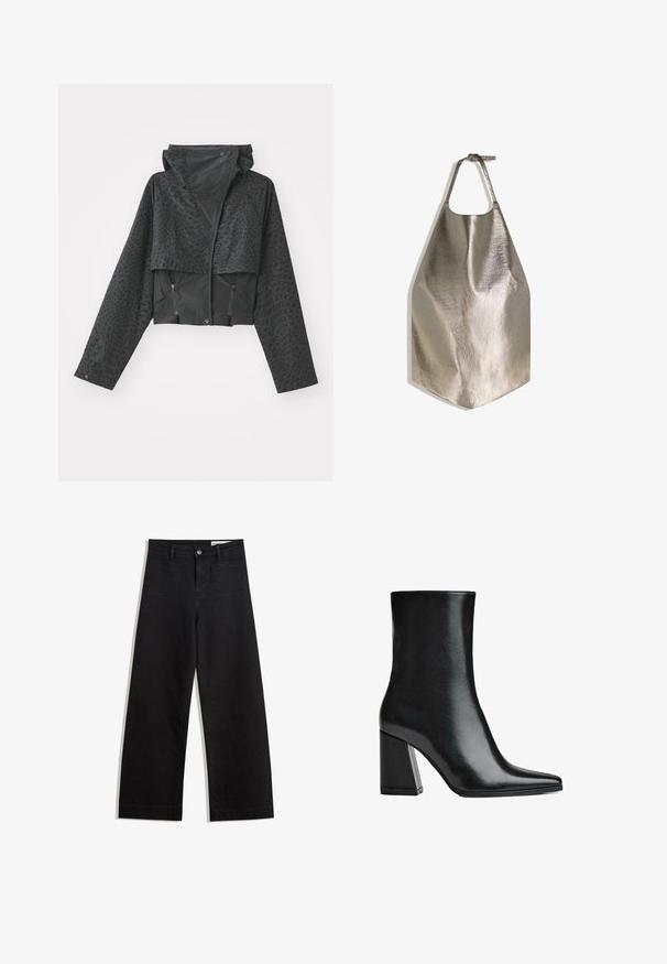 Jachetă neagră scurtă cu glugă, având un model geometric texturat, mâneci lungi și buzunare laterale cu fermoar. Fabricată dintr-un material ușor.; Pălărie metalică de culoare gri cu o textură netedă, având o deschidere circulară pentru gât și o margine inferioară dreaptă. Design simplu cu curea ajustabilă.; Pantaloni din denim negri cu picioare largi, cu talie înaltă, având buzunare frontale și posterioare, cusături dublate și închidere cu nasture. Textură netedă.; Botine negre din piele, cu vârf ascuțit și toc înalt bloc. Textură netedă, cu o siluetă elegantă și un design de bază solid.