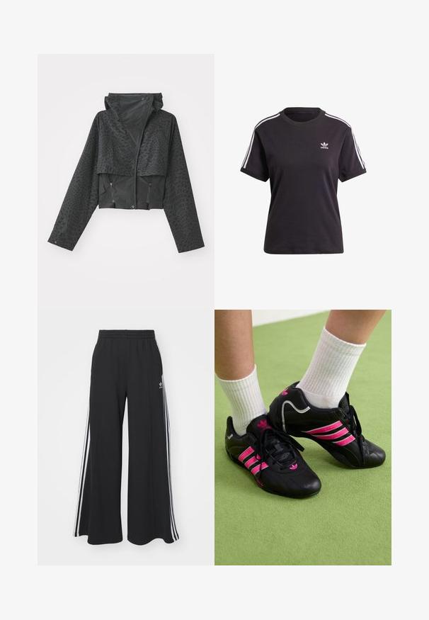 Svart cropped jakke med hette, med et teksturert geometrisk mønster, lange ermer og glidelåslommer på siden. Laget av et lett materiale.; Svart bomull T-skjorte med kort erme og rund hals, med hvite striper på skuldrene og en liten hvit Adidas-logo på brystet.; Svart vide joggebukser med elastisk midjebånd, med hvite sidestriper og brodert logo på venstre lår.; Sorte sportsko med tre rosa striper, teksturert læroverdel, svarte snører og logodetalj, sammen med hvite ribbestrikkede sokker på grønt underlag.