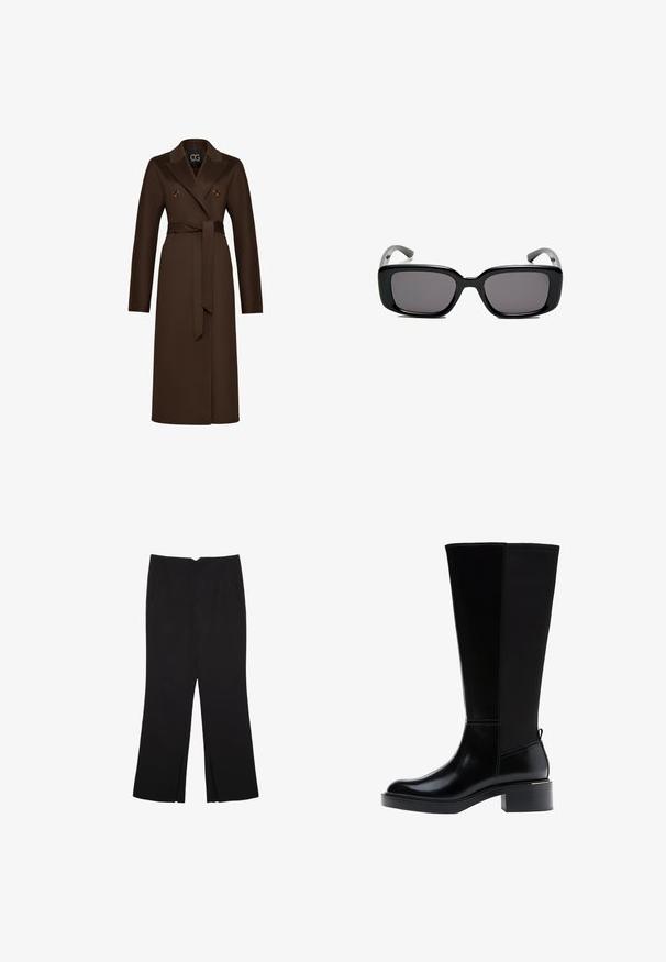 Ruskea villa-sekoite trench-takki, jossa on kauluskraava, kaksiriviset napit ja itsesidottava vyö. Pitkät hihat ja suora leikkaus.; Musta lyhythihainen paita, joka on valmistettu sileästä kankaasta; siinä on laskeutuva kaula-aukko ja epäsymmetrinen helma, sekä istuva malli.; Mustat housut suoralinjaisella leikkauksella, joissa on etutaskut ja sivurei'ät helman alla. Valmistettu pehmeästä ja sileästä kankaasta. Sopii eri tilaisuuksiin.; Musta polven korkeudelle ulottuva saapas, jossa on sileä nahkapinta, näkyvät saumat, mahtava korko ja teksturoitu takapaneeli lisäyksinä.; Mustat suorakulmaiset aurinkolasit tummilla linsseillä, sileä muovikehys ja kaarevat templet. Suunnittelu on jykevä ja minimalistinen.