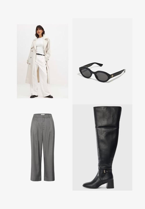 Vaalea beige trenssi, jossa on suuret napit, päällä valkoinen ribbiylöpaita ja valkoiset leveälahkeiset housut. Musta vyö ja mustat kengät viimeistelevät asun.; Pitkähihaisen korkeakauluksisen paidan väri on vaaleabeige. Valmistettu pehmeästä ja joustavasta kankaasta, jossa on rento istuvuus ja käännettävä kaulus.; Harmaat räätälöidyt housut suoran mittasuhteen kanssa, joissa on pleidatut etuosat, sileä kangas ja klassinen vyötärönauhadesign.; Mustat polven yli yltävät nahkasaappaat, joissa on paksu korko ja koristeellinen hihna kultaisella soljella nilkan yläpuolella, sivuprofiilikuva valkoista taustaa vasten.; Mustat soikeat aurinkolasit tummilla linsseillä ja kiiltävästä muovista valmistetulla kehällä. Varustettu kullanvärisellä logolla temppeleissä, tarjoten tyylikkään ja modernin muotoilun.