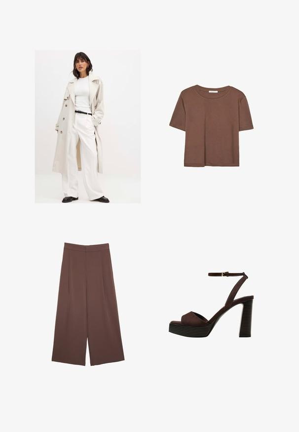 Trench coat beige chiaro con grandi bottoni, indossato sopra un top bianco a coste e pantaloni bianchi a gamba larga. Una cintura nera e scarpe nere completano il look.; Maglietta a maniche corte marrone realizzata in tessuto morbido, con scollatura rotonda e vestibilità rilassata. Nessun motivo o dettaglio visibile.; Pantaloni ampi marroni con una texture liscia, caratterizzati da una vita alta e pieghe frontali. Il tessuto è leggero e scorre liberamente.; Sandal in camoscio marrone con tacco alto, punta aperta, cinturino alla caviglia regolabile e suola a piattaforma striata.