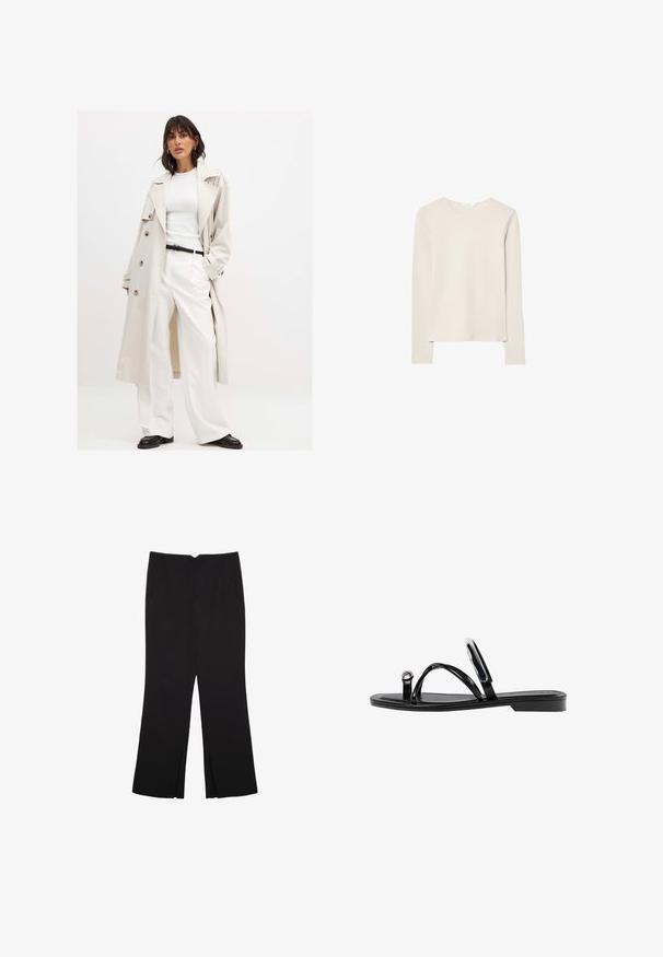 Jasno-beżowy trencz z dużymi guzikami, noszony na białej bluzce z prążkami i białych szerokich spodniach. Czarny pasek i czarne buty dopełniają stylizację.; Jasno beżowa bluzka z długim rękawem, wykonana z miękkiego materiału, z okrągłym dekoltem i luźnym krojem, prostym dołem oraz minimalnym detalem szwów.; Czarne spodnie o prostym kroju, z przednimi kieszeniami i bocznymi rozcięciami na dole. Wykonane z miękkiego, gładkiego materiału. Odpowiednie na różne okazje.; Czarne płaskie sandały o błyszczącym wykończeniu, z trzema cienkimi paskami i okrąłym detalem metalowym na palcach. Smukły design z minimalnym obcasem.