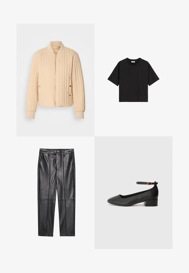 Beige quilted bomber jacket with a zip front, ribbed collar and cuffs, and side pockets featuring gold hardware accents. Smooth texture.; Black cotton t-shirt with short sleeves, a crew neckline, and a relaxed fit. Smooth texture and plain design without patterns or embellishments.; Black leather trousers with a smooth texture, featuring a straight fit, two front pockets, and visible seam detailing.; Black leather pump with a pointed toe and a low block heel. Features an ankle strap with a gold-tone buckle. Smooth texture.