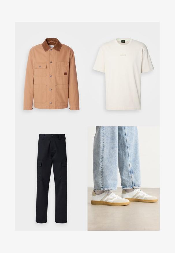 Giacca color sabbia realizzata in tela di cotone con colletto in velluto a coste marrone. Presenta due tasche sul petto, due tasche inferiori e chiusure a bottoni a pressione.; BOSS TEE - T-shirt basic - open white; Pantaloni cargo neri realizzati in un tessuto resistente, con un taglio dritto, due tasche laterali e una chiusura a bottone in vita.; Sneakers bianchi con dettagli in suede beige e suole in gomma leggera; presentano un design low-top e dettagli testurizzati sulla parte superiore.