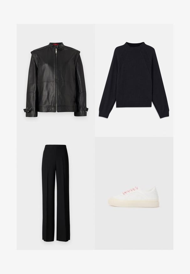 Jaqueta de couro preta com colarinho alto, fecho éclair na frente e tiras laterais nos punhos. Textura suave com silhueta ajustada.; Sweater azul marinho escuro com decote redondo, mangas raglan longas, punhos canelados e barra reta. Feito de um material de malha macia e texturizada.; Calças largas pretas com uma textura suave, apresentando uma cintura alta e pregas centrais. Sem padrões visíveis ou detalhes em metal.; Ténis brancos com atacadores rosas, apresentando um design em couro liso, biqueira redonda e uma sola de borracha bege, inclui detalhes de costura.