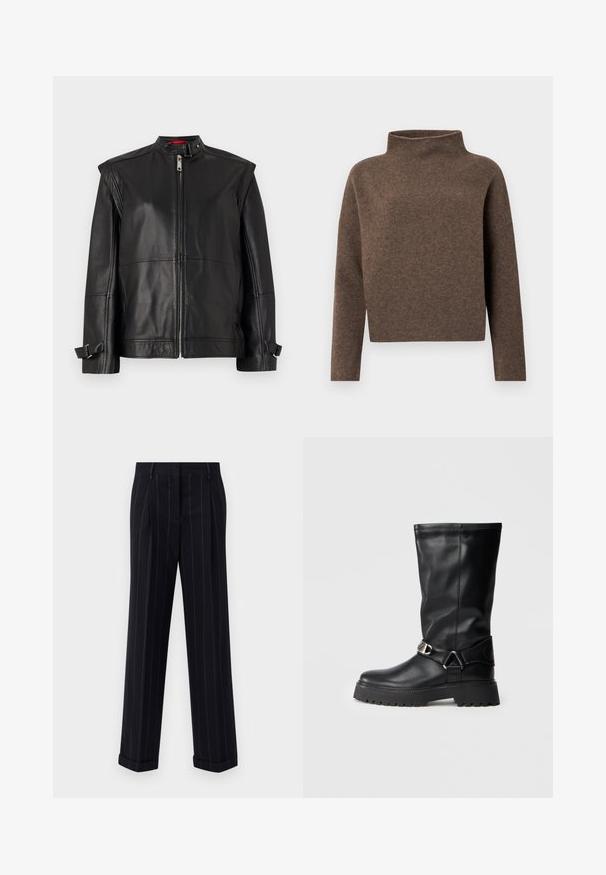 Crna kožna jakna s visokim ovratnikom, prednjim zatvaranjem na patentni zatvarač i bočnim trakama na manžetama. Glatka tekstura s uskim siluetom.; Smeđi, skraćeni džemper s visokim, preklopnim okovratnikom, dugim rukavima i mekim, teksturiranim materijalom. Minimalistički dizajn bez vidljivih metalnih dijelova.; Crne prugaste hlače s krojem po mjeri, s opšivenim rubom i prednjim naborima. Izrađene od glatkog materijala s čvrstim dizajnom.; Crne čizme do koljena napravljene od glatke kože, s akcentom kopče sa strane i debelim, teksturiranim đonom za bolju trakciju.