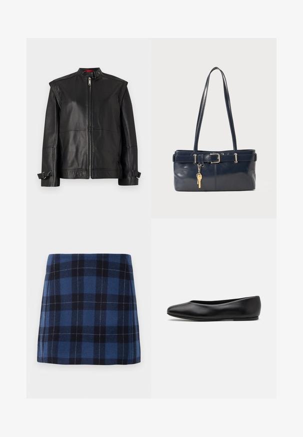 Jaqueta de couro preta com colarinho alto, fecho éclair na frente e tiras laterais nos punhos. Textura suave com silhueta ajustada.; Sweater sem mangas de cor cinza claro, com decote e barra canelados. Apresenta três aplicações florais texturizadas na parte da frente. Etiqueta da marca: MAX&Co.; Saias mini em padrão xadrez em azul escuro e marinho, feitas de um tecido suave com um acabamento ligeiramente texturizado. Apresenta um corte reto e linhas limpas.; Paul Smith TOPANGA - Sabrinas - black; Bolsa de couro azul-marinho com duas alças longas, um detalhe de fivela e um porta-chaves anexado. Apresenta uma textura suave e uma forma retangular.