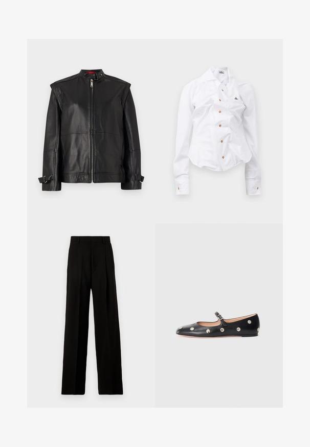 Fekete bőrkabát magas gallérral, cipzáros elülső résszel és oldalszíjakkal a mandzsettán. Simaság jellemzi, karcsú fazonnal.; Fehér, hosszú ujjú ing, karcsú szabással. Nagy gallérral, elöl barna gombos záródással, és egy kis hímzett logóval rendelkezik.; Fekete, bő szárú nadrág sima anyagból, magas derékkal, elülső redőkkel és letisztult, szabott kialakítással, díszítés nélkül.; Fekete bőr Mary Jane lapossarkú cipő, lekerekített orral, ezüst színű kör alakú szegecsekkel és állítható pánttal, csattal.