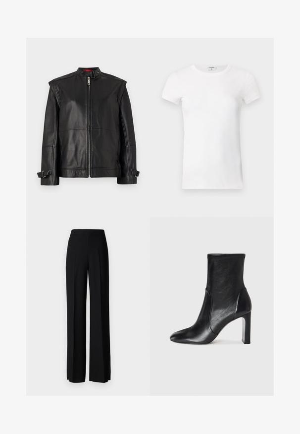 Zwarte leren jas met een hoge kraag, ritssluiting aan de voorkant en zijriemen bij de manchetten. Glad textuur met een getailleerde pasvorm.; Wit geribd T-shirt met korte mouwen en een ronde hals. De stof lijkt glad met een getailleerde pasvorm. Logo zichtbaar op de kraag.; Zwarte wijde broek met een gladde textuur, voorzien van een hoge tailleband en middelste plooien. Geen zichtbare patronen of hardware-details.; Zwarte leren enkelboot met een slank ontwerp, spitse neus en hoge blokhak. Heeft een gladde textuur en minimalistische stikseldetails.