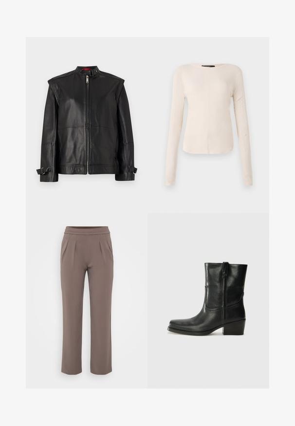 Black leather jacket featuring a high collar, zip front, and side straps at the cuffs. Smooth texture with a fitted silhouette.; Long-sleeve, light beige top with a round neckline. Made of soft fabric, features a central seam and slightly curved hem. No visible hardware.; Taupe loose-fit trousers with elastic waistband and front pleats, made from smooth fabric.; Black leather ankle boot with a rounded toe, block heel, side zipper, and stitching accents on the vamp. Smooth texture, classic design.