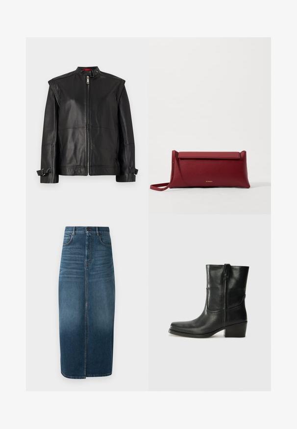Zwarte leren jas met een hoge kraag, ritssluiting aan de voorkant en zijriemen bij de manchetten. Glad textuur met een getailleerde pasvorm.; Zwarte tanktop met dunne spaghettibandjes, gemaakt van ribstof, met een rechte snit en een label op de hals dat "IVY OAK" zegt.; Denim midi-rok in donker indigo, met een voorkeursplit en een lichte vervaging. Klassiek vijf-pocket ontwerp met metalen knoopsluiting.; Zwarte leren enkellaars met een ronde neus, blokhak, zijrits en stikselaccenten op de wreef. Gladde textuur, klassiek ontwerp.; Rode leren clutch met een gestructureerde afwerking, met een vlakke omvouwtop en een korte strap. Subtiele merklogo op de voorkant.