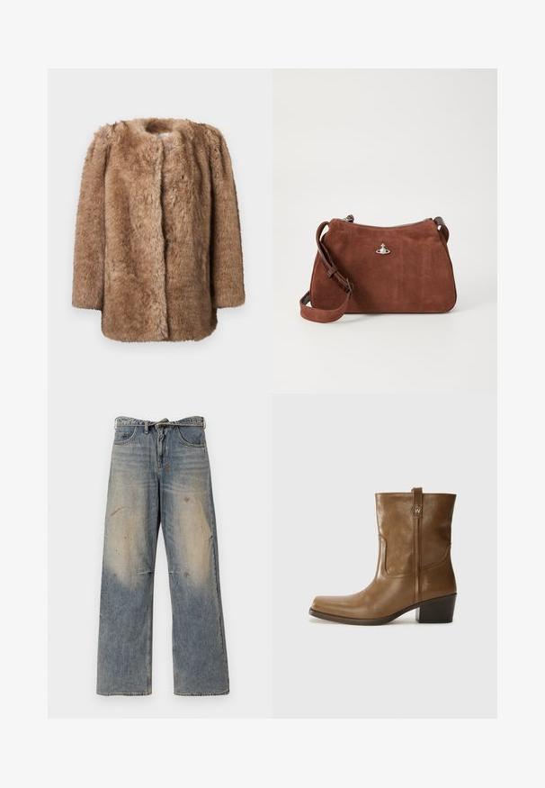 Brauner Kunstfellmantel mit weicher Textur, offenem Vorderteil und Dreiviertelärmel. Er hat einen geraden Schnitt und ein minimalistisches Design.; Beige gerippter Strickpullover mit tiefem V-Ausschnitt, langen Ärmeln und einem strukturierten Paneel auf der Brust. Kürze mit lockerer Passform.; Helle blaue Denim-Jeans mit einem lockeren, geraden Schnitt. Verfügt über Ausbleichungen, Verwaschungen und abgenutzte Details an den Knien. Klassisches Fünf-Taschen-Design.; Braune Leder-Ankle-Boots mit quadratischer Zehenform, strukturiertem Finish und niedrigem, gestapeltem Absatz. Ausgestattet mit einer Zuglasche auf der Rückseite und dezenten Stickdetails.; Braune Wildlederhandtasche mit Reißverschluss, verstellbarem Schultergurt und silbernen Hardware-Details, die eine dezente strukturierte Oberfläche aufweist.