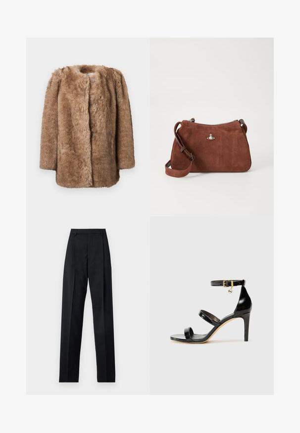Bruin nepbontjas met een zachte textuur, open voorkant en driekwartmouwen. Het heeft een rechte snit en een minimalistisch ontwerp.; Beige geribbelde gebreide trui met een diepe V-hals, lange mouwen en een gestructureerd paneel op de borst. Korte lengte met een relaxte pasvorm.; Zwarte broek gemaakt van gladde stof met een hoge taille, wijde benen, voorplooien en klassieke ceintuurlussen. Geen zijzakken zichtbaar.; Zwarte gepatineerde leren sandaal met drie banden, enkelgesp en 10 cm hoge stiletto hak. Bevat gouden hardwaredetails en een logo charm.; Bruine suède handtas met een ritssluiting, verstelbare schouderriem en zilverkleurige hardwareaccenten, met een subtiele textuur.