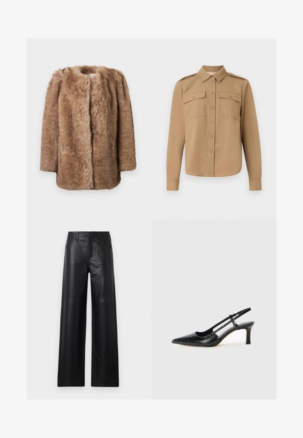 Rjav umetni krznen plašč z mehko teksturo, odprt spredaj in s tremi četrtinami rokavov. Ima ravno kroj in minimalistični dizajn.; Majica dolgimi rokavi iz svetlo rjave tkanine z gumbnim zapenjanjem spredaj, dvema žepoma na prsi, ramenskimi epauletami in ukrivljenim robom.; Široke črne usnjene hlače gladke teksture, s sprednjimi žepi, gumbom za zapiranje in subtilnimi detajli šivanja.; Črne lakaste slingback pete s koničastim nosom, ki imajo teksturiran vzorec kačje kože, nastavljiv trak in kratek teksturiran blok peto.