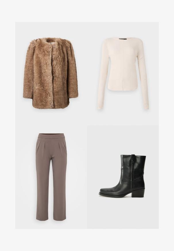 Brauner Kunstfellmantel mit weicher Textur, offenem Vorderteil und Dreiviertelärmel. Er hat einen geraden Schnitt und ein minimalistisches Design.; Langärmliges, hellbeiges Oberteil mit rundem Ausschnitt. Aus weichem Stoff gefertigt, verfügt es über eine zentrale Naht und einen leicht geschwungenen Saum. Keine sichtbaren Beschläge.; Taupe-lockere Hose mit elastischem Bund und vorderen Falten, gefertigt aus glattem Stoff.; Schwarze Leder-Ankle Boots mit runder Zehenform, Blockabsatz, seitlichem Reißverschluss und gestickten Akzenten auf dem Blatt. Glatte Textur, klassisches Design.