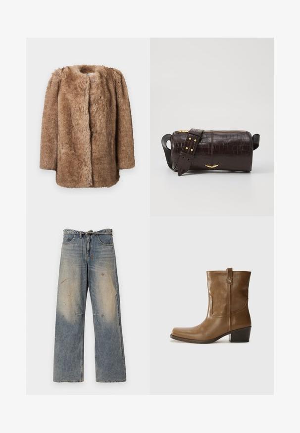 Tumedate faux-fur kark, millel on pehme tekstuur, avatud eesmine osa ja kolmveerandvarrukad. Kark on sirge lõikega ja minimalismi põhimõtteid järgiva disainiga.; Pikkade varrukatega helesinine topp ümmarguse kaelusega. Valmistatud pehmest kangast, sisaldab keskset õmblust ja kergelt kaardus serva. Ei ole nähtavat riistvara.; Heledad sinine teksapüksid, millel on lõdva ja sirge jala disain. Omab venitamist, pleekimist ja kulunud detaile põlvede lähedal. Klassikaline viie tasku stiil.; Pruun nahkne ankle boot ruudukujulise varbaga, tekstuuriga viimistluse ja madala virnastatud kontsaga. Sisaldab taga tõmbeaasat ja peeneid õmbluse detaile.; Pruunist krokodillimustrist nahast kott, millel on silindri kuju, kuldse tooni metalldetailid ja eemaldatav rihm, kus on nupud.