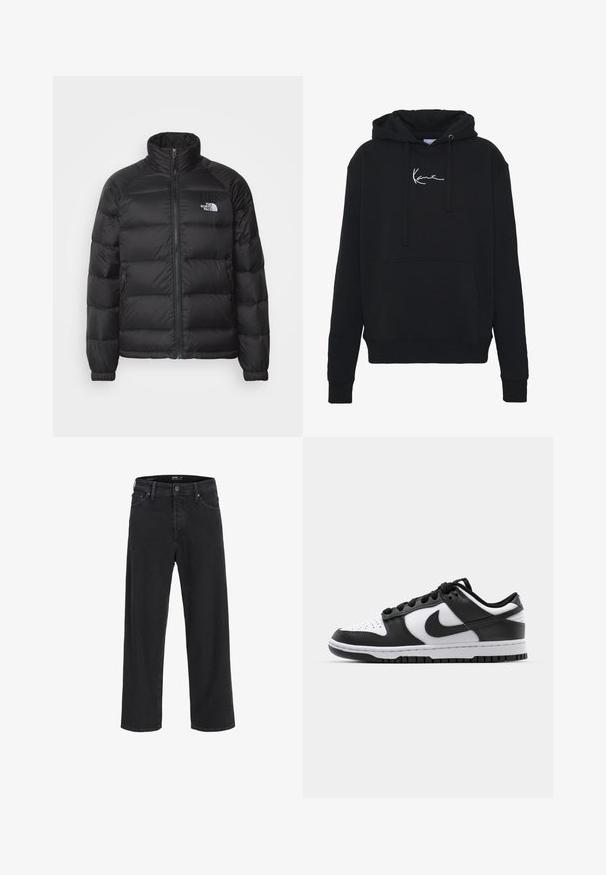Fekete puffdzseki magas gallérral, cipzáras záródással, steppelt töltettel és oldalzsebekkel. Kis fehér logó található a mellkason.; Fekete kapucnis pulóver puha anyagból, elülső zsebbel, húzózsinórral és fehér logóhímzéssel a mellkason. Klasszikus szabású és bordázott mandzsettával.; Fekete egyenes szárú farmernadrág gombos és cipzáras záródással, övhurkokkal, valamint elülső és hátsó zsebekkel.; Fekete-fehér Nike Dunk sportcipők, bőr felső résszel, perforált orrral, fekete fűzőkkel és fekete gumitalppal, amelyen barázdás minta található.