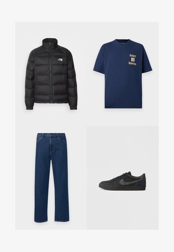 Μαύρο μπουφάν με ψηλό γιακά, φερμουάρ, επένδυση με ραφές και πλαϊνές τσέπες. Διαθέτει ένα μικρό λευκό λογότυπο στο στήθος.; Σκούρο μπλε βαμβακερό T-shirt με κοντά μανίκια, με χρυσό κείμενο "Carhartt University" και λογότυπο ραμμένο στο αριστερό στήθος.; Σκούρο μπλε τζιν παντελόνι με ίσια γραμμή, με μπροστινές τσέπες και κλείσιμο με κουμπί, το οποίο προβάλλεται σε λευκό φόντο.; Μαύρα σουέτ αθλητικά παπούτσια με χαμηλό προφίλ, καουτσούκ σόλα, υφή στα πλαϊνά πάνελ και τονικό λογότυπο Nike swoosh. Μπροστινός κορδονάτος σχεδιασμός, μαξιλαρωμένος λαιμός.