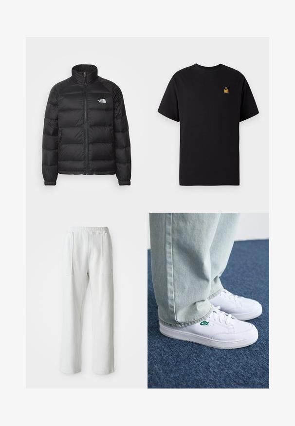 Juodas pūkinis švarkas su aukštu apykakle, užtrauktuku, siuvinėta užpildu ir šoninėmis kišenėmis. Ant krūtinės yra mažas baltas logotipas.; Juodas medvilninis marškinėliai trumpomis rankovėmis, apvaliu kaklu ir mažo geltono siuvinėjimo dizaino kairėje krūtinės pusėje.; Balti kasualūs keliai su elastinga juosta ir didelėmis priekinių kišenėmis, pavaizduoti ant paprasto šviesaus fono.; Balti odiniai sportbačiai su žaliu Nike logotipu, apvalia nosimi, plokščiu padu, derinami su šviesiai mėlynomis džinsinėmis kelnėmis, rodomi ant mėlynos kiliminės dangos.