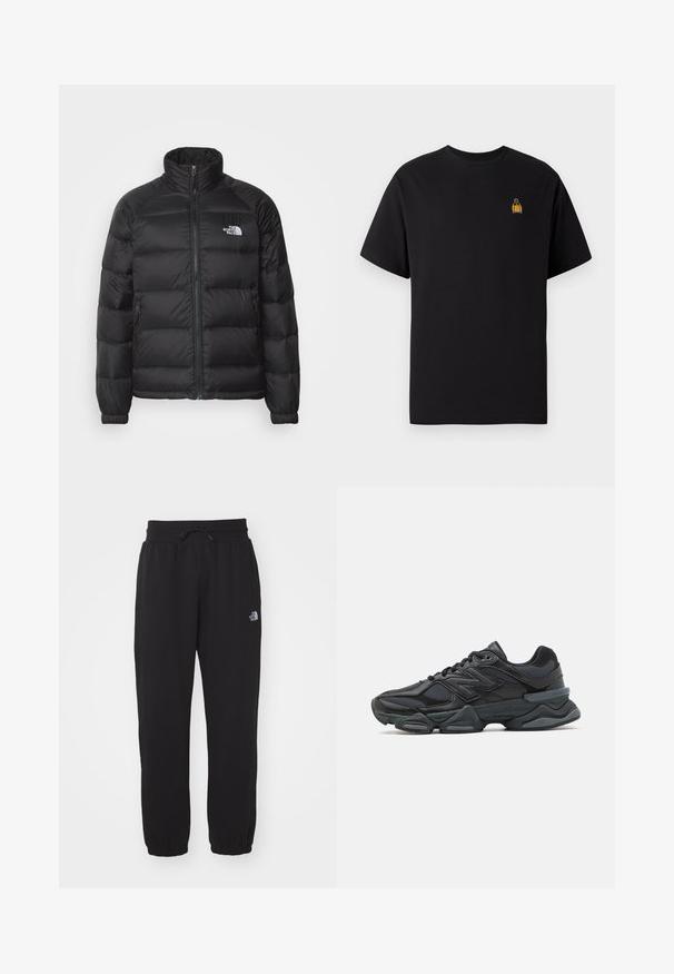 Giacca a vento nera con collo alto, chiusura con zip, imbottitura trapuntata e tasche laterali. Presenta un piccolo logo bianco sul petto.; T-shirt nera in cotone con maniche corte, scollo rotondo e un piccolo design ricamato giallo sulla zona sinistra del petto.; Pantaloni sportivi neri realizzati in tessuto morbido, dotati di una vita elasticizzata con coulisse, polsini alla caviglia e un piccolo logo sulla parte superiore della coscia.; Scarpa da corsa nera con una combinazione di materiali in rete e sintetici, suola spessa, design curvo e marchio ben visibile sul lato.