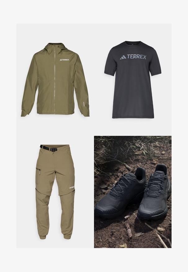 adidas Terrex MULTI 2.5L - Vodootporna jakna - olive strata; Crna majica kratkih rukava od lagane tkanine, koja ima svijetlosivu oznaku "TERREX" preko prsa i okrugli izrez.; Kaki vanjske hlače s podesivim crnim remenom, džepovima sa zipom, suženim manžetama i odvojivim donjim dijelovima za svestrano stiliziranje.; Crne sportske cipele s teksturiranim pletenim gornjim dijelom, ojačanim prstom i ovlaženom potplatom, prikazane na zemljanom tlu s raspršenim grančicama.