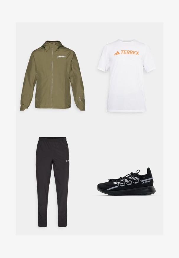 adidas Terrex MULTI 2.5L - Sadetakki - olive strata; Valkoinen lyhythihainen urheilupaita, joka on valmistettu hengittävästä materiaalista. Edessä on oranssi "TERREX"-logo rinnan kohdalla. Yksinkertainen muotoilu, jossa on puhtaat linjat.; Musta urheiluhousut, joissa on joustava vyötärö, kaksi sivullista vetoketjupussia ja logo oikeassa yläreidessä. Sileä, kevyt kangas.; Musta urheilukengät, joissa on verkkopinta, heijastavat yksityiskohdat, joustavat nauhat ja teksturoitu kumipohja. Ominaisuudet sisältävät tyylikkään muotoilun suorituskykyä varten.