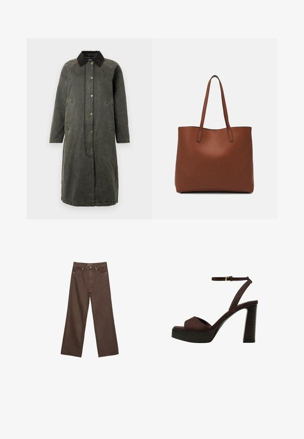 Lång denimkappa i olivgrönt med svart kordfluga-krage, tryckknappsstängning, två sidofickor och en något oversized silhuett.; Svart långärmad stickad tröja med vadderade axlar och ribbade muddar och fåll, visad mot en vit bakgrund.; Breda bruna jeans i denim med hög midja, framfickor och klassisk knäppning. Slät textur med subtil sömnad.; Bruna mocka högklackade sandaler med öppen tå, justerbar vristrem och en randig plattformssula.; Brun läder tote-väska med en slät textur, öppen toppdesign och två axelremmar. Har minimal söm och ingen synlig metalldetalj.
