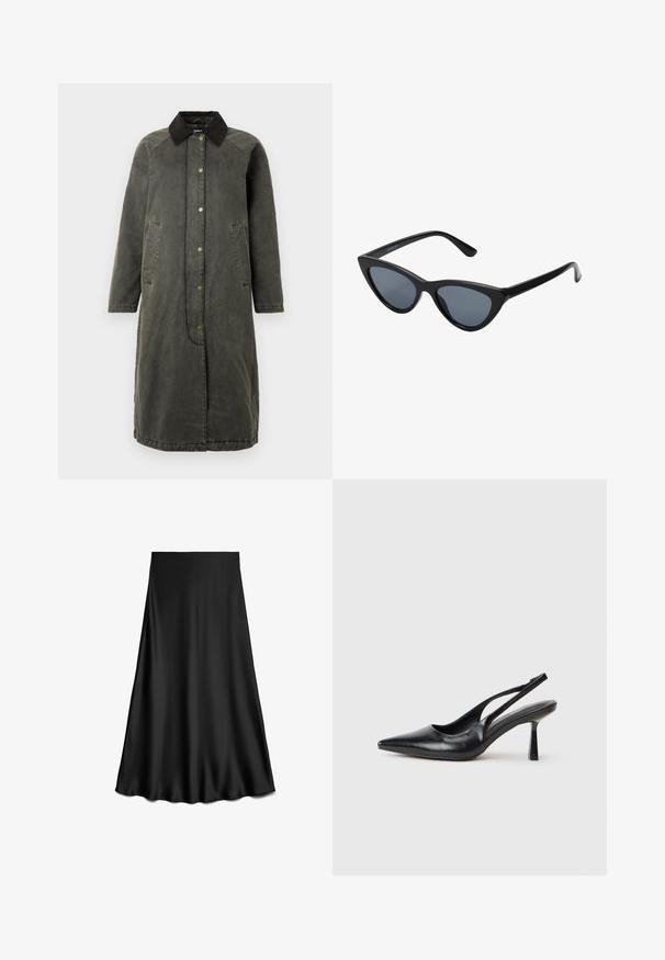 Long olive green denim coat with a black corduroy collar, snap front closure, two side pockets, and a slightly oversized silhouette.; Dark gray pullover sweater with a V-neck, made of soft, textured fabric. Features long sleeves and a small logo accent at the hem.; Black, satin A-line skirt with a smooth texture, knee-length, featuring a simple, clean design without embellishments or patterns.; Black leather slingback high heel shoe with pointed toe and slim heel on a white background.; Black cat-eye sunglasses with dark gray lenses, sleek plastic frame, pointed corners, and straight temples. No visible hardware or accents.; Brown leather hobo bag with a slouchy design and smooth texture. Worn casually by a model, featuring a large opening and rounded shape.