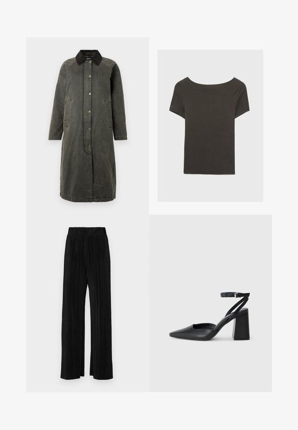 Dolg olivno zelena denim jakna z črnim kordnim ovratnikom, zapiranje z gumbi spredaj, dvema stranskima žepoma in rahlo prevelikim silhuetom.; Temno siva kratka majica s čolnasto izrezom. Narejena iz rebraste tkanine, ki ima sproščen kroj in čist rob. Preprost dizajn, brez vzorcev.; Črne plisirane hlače z elastičnim pasom. Imajo široke noge in gladko, teksturirano tkanino z navpičnimi črtami.; Črne usnjene klasične čevlje z ostrim nosom, z zaponko za gleženj in debelim peto. Ravna tekstura, eleganten dizajn in minimalistična estetika.
