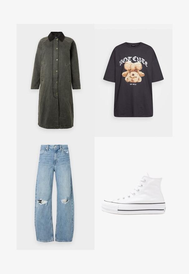 Dolg olivno zelena denim jakna z črnim kordnim ovratnikom, zapiranje z gumbi spredaj, dvema stranskima žepoma in rahlo prevelikim silhuetom.; Črna oversized majica s kratkimi rokavi, na kateri je grafika medveda z besedilom „NI SRČKAN VKLJUČNO Z DIVJIM“ v poudarjenem belem tisku. Material: bombaž.; Svijetloplave traperice visoki struk. Imaju široke nogavice, dva poderana područja na koljenima i klasičan petotoksi stil.; Beli visoki platneni športni čevelj z črnim gumijastim podplatom, sprednjim gumijastim zaščitnikom za prste in šestimi luknjicami za vezalke, ki se ponaša s preprostim, minimalističnim dizajnom.