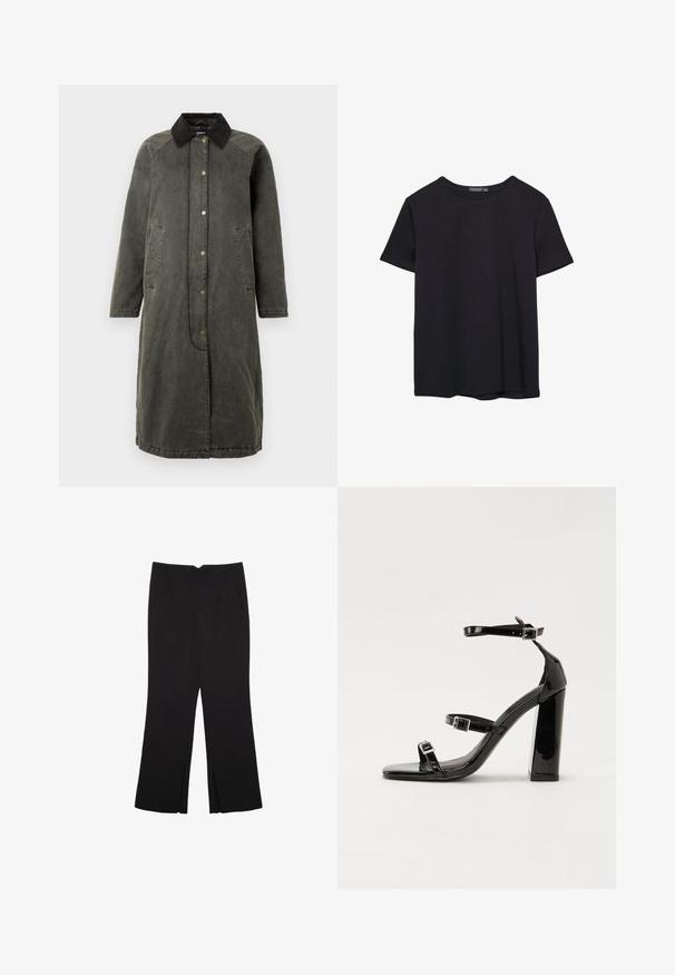 Langer olivgrüner Denim-Mantel mit einem schwarzen Cordkragen, Druckknopfverschluss, zwei seitlichen Taschen und einer leicht oversized Silhouette.; Einfaches schwarzes T-Shirt aus Baumwolle mit kurzen Ärmeln und Rundhalsausschnitt, auf einem weißen Hintergrund dargestellt.; Schwarze Hose mit geradem Schnitt, ausgestattet mit Fronttaschen und Seitenschlitzen am Saum. Hergestellt aus weichem, glattem Stoff. Geeignet für verschiedene Anlässe.; Schwarze patentierte Sandalen mit Absatz, quadratischer Spitze, Knöchelriemen und silbernen Schnallen. Mit einem stabilen Blockabsatz für mehr Stabilität.