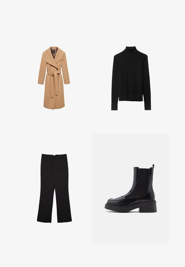 Béžový vlněný kabát s páskem v pase, širokými klopami a jedním knoflíkem, s hladkou texturou a dlouhými rukávy.; Černý rolák z měkké pleteniny. Disponuje dlouhými rukávy a úzkým střihem se rovnými okraji.; Černé kalhoty s rovným střihem, s předními kapsami a bočními rozparky na lemu. Vyrobené z jemné, hladké tkaniny. Vhodné na různé příležitosti.; Černé chelsea boty s robustním podpatkem, s lesklým koženým svrškem a elastickými bočními panely pro snadné obouvání. Pevná gumová podrážka.