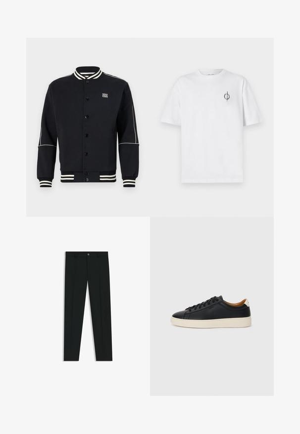 Black sweatshirt jacket with white striped ribbed collar and cuffs. Features button closure and logo on upper left side, made from soft fabric.; White cotton t-shirt with a relaxed fit, featuring a small black graphic logo on the left chest area. Short sleeves, crew neck style.; Black dress pants with a straight-leg design, made of smooth fabric. Features a front button closure and belt loops. Plain without patterns.; Black leather sneakers with a smooth texture, beige rubber sole, lace-up design, and a contrasting heel accent.