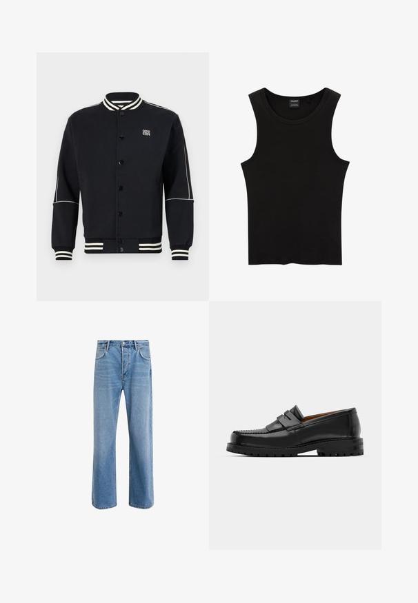 Svart sweatshirt-jacka med vit randig ribbad krage och manschetter. Har knappstängning och logotyp på övre vänstra sidan, tillverkad av mjukt material.; Svart ribbad linne med rund halsringning och breda ärmhål, tillverkad av ett mjukt, stretchtåligt material. Etikett: Pull&Bear.; Ljust blå denimjeans med rak passform, fem fickor, knappstängning, minimal blekning och kontrasterande sömdetaljer.; Svarta läderloafers har en upphöjd söm, två dekorativa remmar på ovansidan och en tjock texturerad sula för ökat grepp.