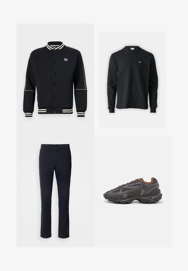 Črna trenirka s kapuco z belimi prugastimi rebri na ovratniku in manšit. Ima gumbno zapiranje in logo na zgornji levi strani, izdelana je iz mehkega materiala.; Črna dolgi rokavi majica iz bombaža, z okroglim ovratnikom in majhnim zelenim vezenim logotipom krokodila na levem prsnem delu.; Mornarsko modre hlače iz gladkega blaga, z ravnim krojem, z zankami za pas in gumbom za zapiranje s svetlico.; Lacoste teniske v temno sivi barvi z mrežasto in sintetično prevleko, s teksturiranim podplatom in rjavimi detajli na ovratniku ter blagovni znamki.
