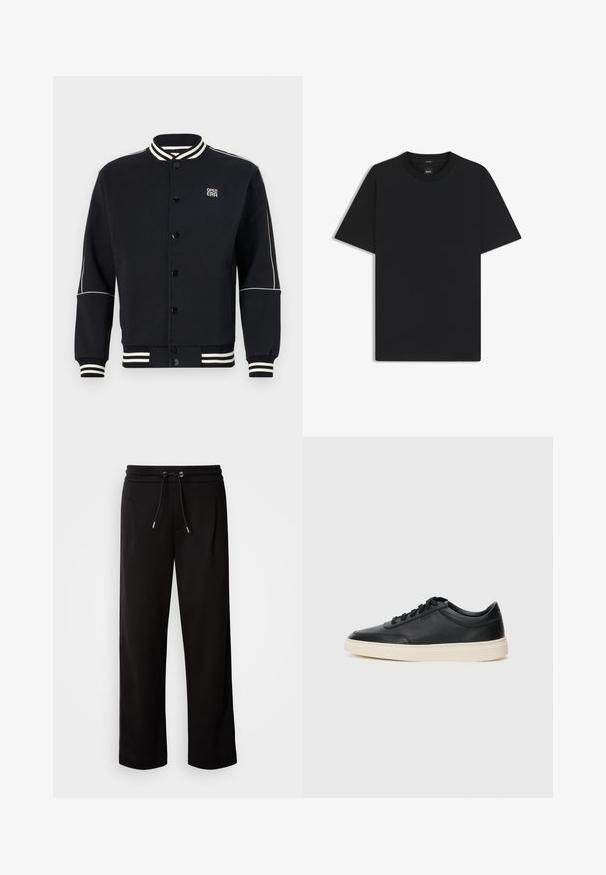 Black sweatshirt jacket with white striped ribbed collar and cuffs. Features button closure and logo on upper left side, made from soft fabric.; Black short-sleeve T-shirt made from a smooth cotton blend, featuring a crew neckline and a minimalistic design with no patterns or accents.; Black, loose-fit sweatpants made of soft fabric, featuring an elastic waistband with a drawstring, and side pockets.; Black low-top leather sneaker with black laces and off-white sole shown in side profile on white background.