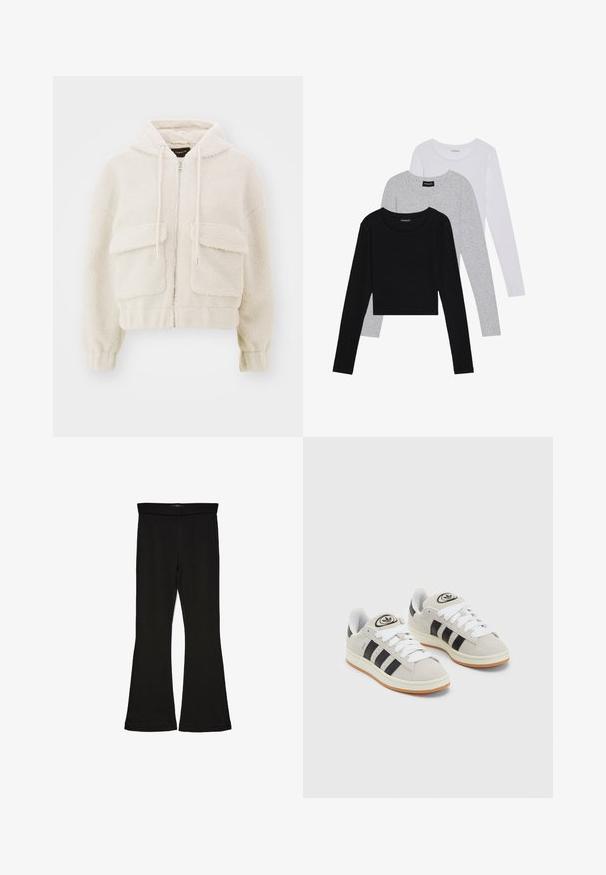 Kreklu ar kapuci krēmkrāsā, izgatavots no teksturētas fleeces. Tam ir priekšējais rāvējslēdzis, divas lielas kabatas un auklas kapuces aizmugurē.; Trīs garām piedurknēm veidotas augšdaļas, sakrautās: melna, pelēka un balta. Katram ir noapaļots kakla izgriezums un īsa dizaina forma ar gludu, vieglu audumu.; Melnas flared leggings, kas izgatavotas no stiepjama auduma. Iezīmējas ar platu jostasvietu un gludu tekstūru, ar pieguļošu siluetu, kas paplašinās pie apakšmalas.; Pelēkas zamšādas kedas ar baltām saites, melnām svītrām un baltu gumijas zoli. Raksturīga apļa logo uz mēles un gumijas zole.