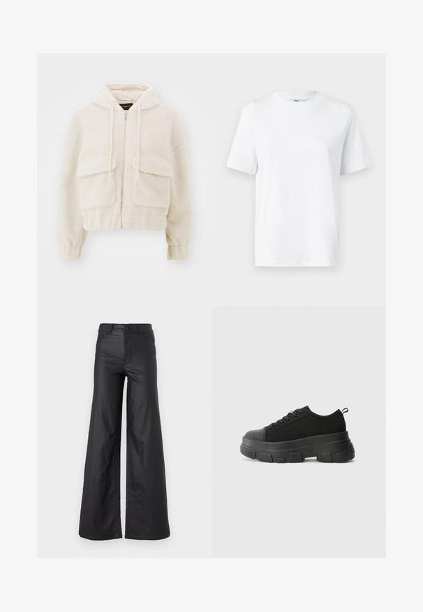 Cropped hoodie in cream, made from textured fleece. Features front zipper, two large patch pockets, and drawstrings at the hood.; White cotton crew-neck t-shirt featuring short sleeves and a smooth texture. Designed with a relaxed fit for comfort and versatility.; Black, wide-leg pants in a faux leather material. Features a high waist, belt loops, two front pockets, and stitched detailing.; Black sneakers with a chunky rubber sole, textured fabric upper, round toe, and lace-up design. Features reinforced eyelets and back pull tab.