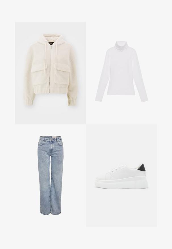 Kreklu ar kapuci krēmkrāsā, izgatavots no teksturētas fleeces. Tam ir priekšējais rāvējslēdzis, divas lielas kabatas un auklas kapuces aizmugurē.; Balts garie piedurknēm turtlenecks krekls, izgatavots no gludas, elastīgas auduma. Iezīmē augstu apkakli un pielāgotu dizainu, bez redzamām rakstainām vai rotājumiem.; Gaiši zili platlapu džinsi, izgatavoti no denima, ar augstu jostasvietu, piecu kabatu dizainu un vieglu nolietojuma efektu.; Baltas platforma kedas, izgatavotas no gludas sintētiskas vielas, ar noapaļotu purngalu, saites dizainu un teksturētu gumijas zoli. Melna papēža akcenta detaļa.