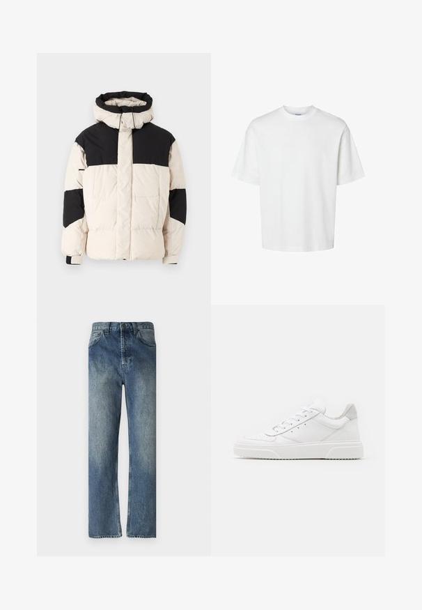 Jack & Jones JCOURBAN PUFFER - Vinterjakker - moonbeam\black; Hvid bomulds T-shirt med korte ærmer, rund halsudskæring og en afslappet pasform. Glat tekstur uden synlige mønstre eller detaljer.; Blå denimjeans med lige ben, der har en falmet vask, bæltestropper, forlommer og en enkelt baglomme.; Hvide lædersneakers med en glat finish, rund tå, flade snørebånd og en struktureret sål. Grå ruskindsdetalje ved hælen.